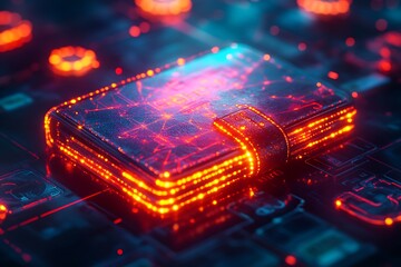A digital wallet surrounded by floating currency symbols, glowing with vibrant energy