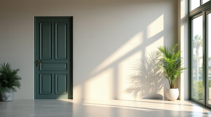 elegant teal door and potted palm plant in a sunlit room