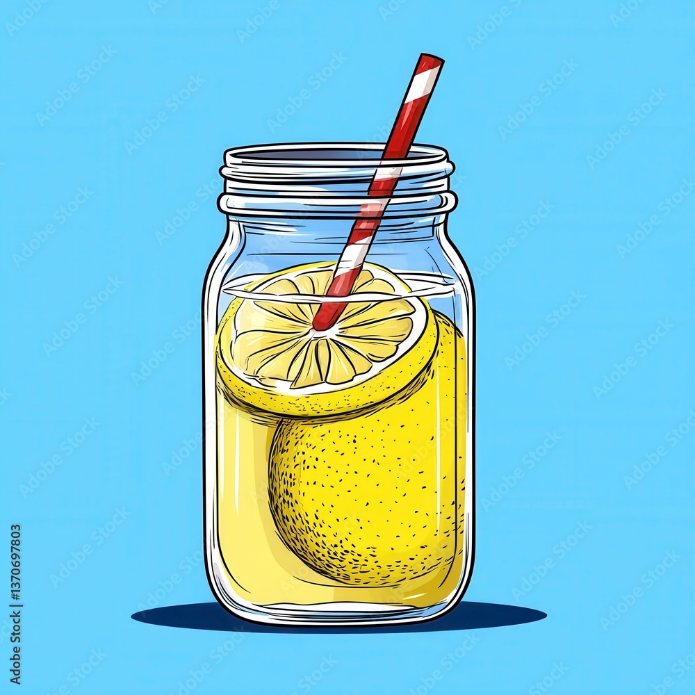 Poster refreshing lemonade in a mason jar with a striped straw, a lemon slice visible inside. a light blue 