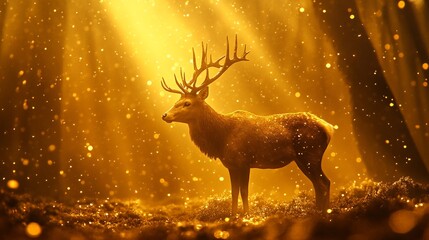 Majestic deer in golden forest, illuminated by sunbeams and sparkling dust particles
