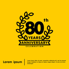 80th years anniversary celebration emblem. anniversary logo isolated with laurel wreath and ribbon on yellow background. vector illustration template design for web, flyers, poster, greeting card