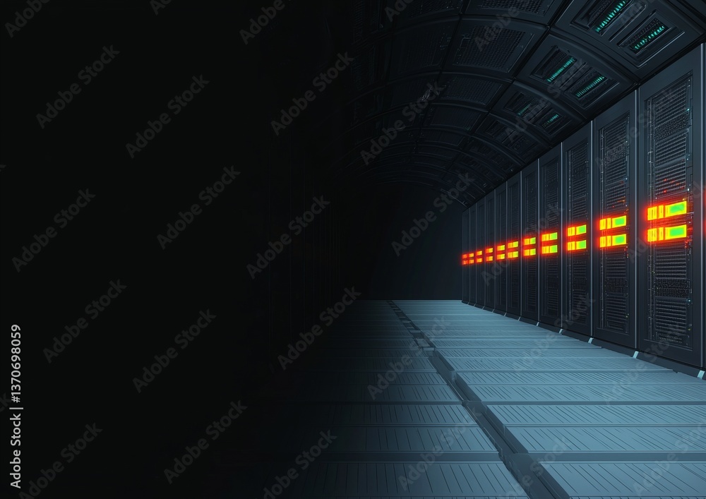 Poster a dimly lit corridor featuring rows of server racks with vibrant lights, suggesting a high-tech data
