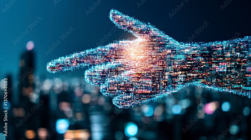 Poster abstract digital hand pointing towards a blurred cityscape at night. the hand is composed of colorfu
