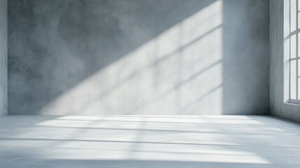 Empty, modern room with concrete walls and large window. Sunlight casts shadows on the floor and walls