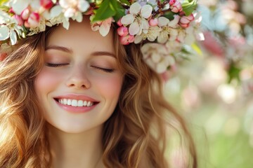 Naklejka premium Beautiful young woman with floral crown smiling in a blooming orchard during spring