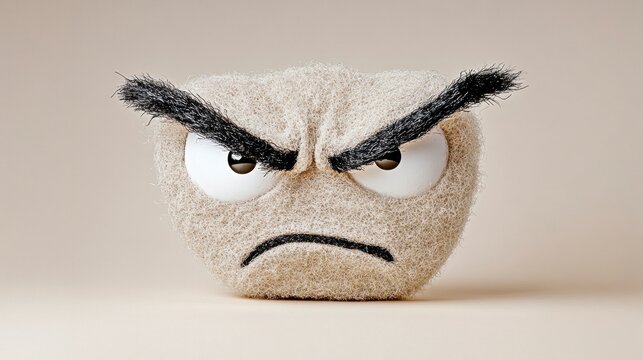 Angry, textured, beige emoticon with dark eyebrows and intense expression against a light beige background.