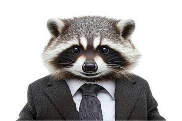 Anthropomorphic Raccoon Dressed in Suit and Tie on Transparent Background