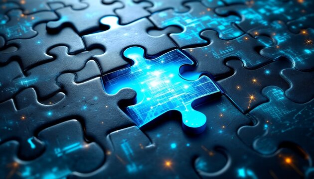 Connecting Puzzle Pieces with Glowing Details Represents Solutions and Integration