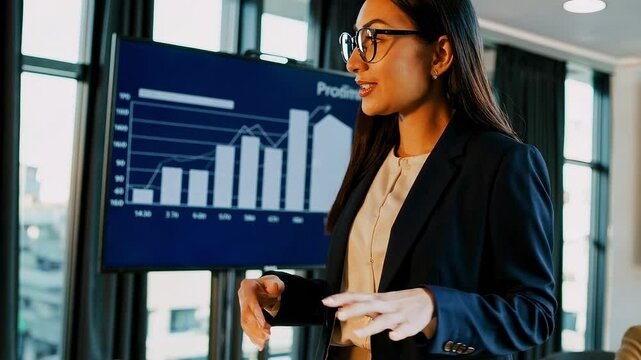 Jeune femme asiatique pr&eacute;sentant des donn&eacute;es de performance sur &eacute;cran dans une salle de r&eacute;union moderne, gestes expressifs et ambiance dynamique en entreprise