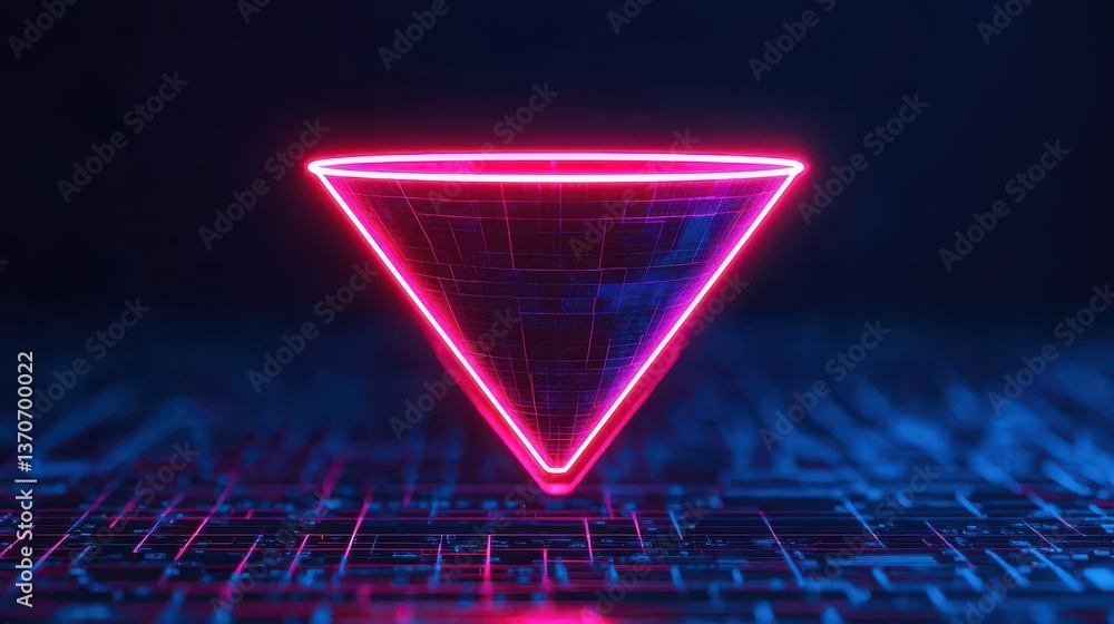 Poster a glowing, neon triangle floats above a grid, creating a futuristic digital aesthetic with vibrant c