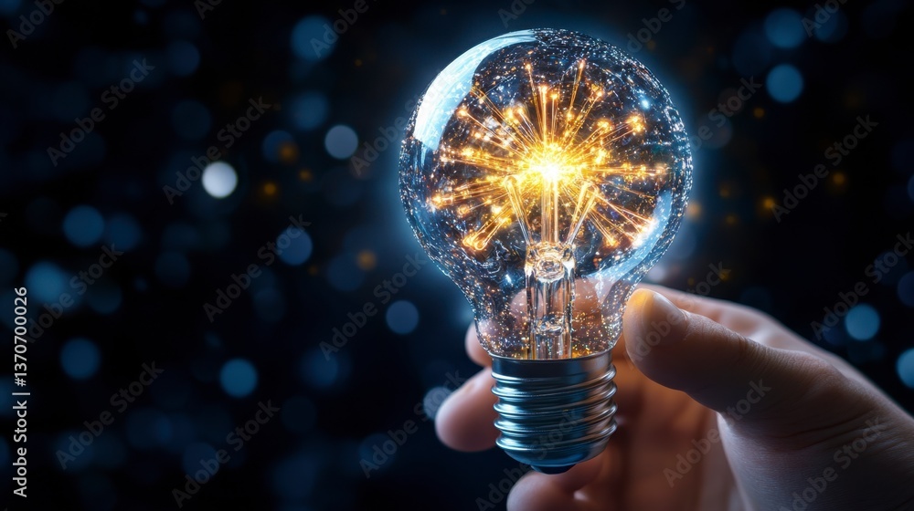 Poster a hand holds a glowing lightbulb composed of sparkling particles against a dark bokeh background. th