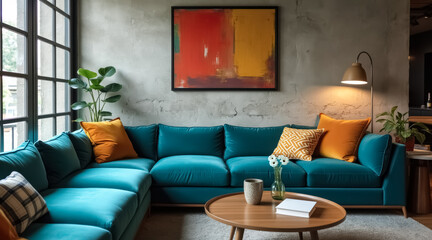 teal velvet sectional sofa in a modern living room