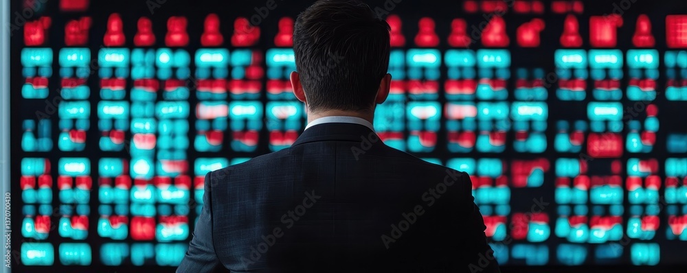 Poster a person in a suit examines a vibrant digital display with various colorful icons, suggesting data a