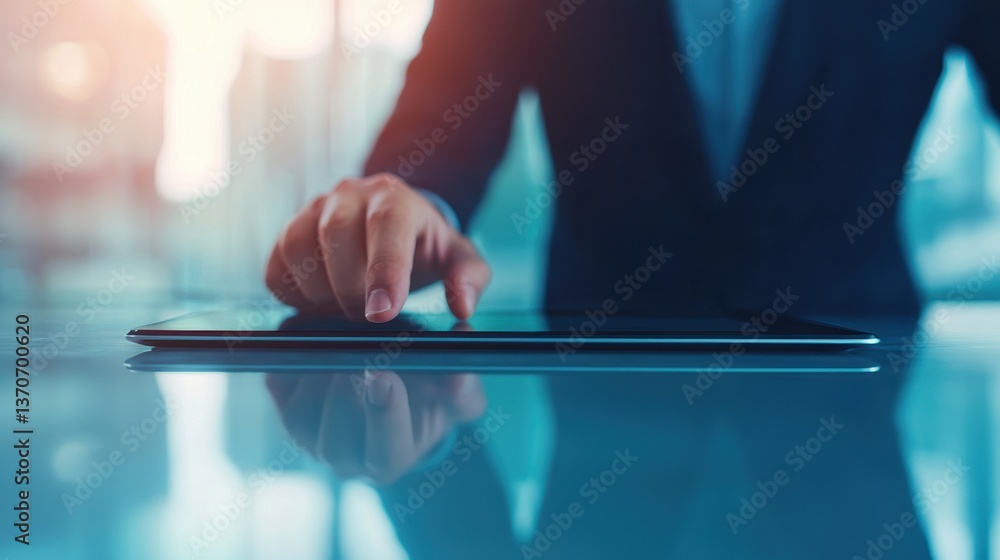 Poster a business professional interacts with a tablet device, emphasizing technology and productivity in a