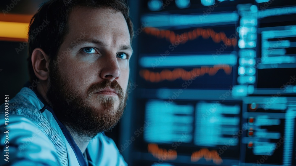 Poster a focused individual with a beard examines data on multiple screens in a dimly lit environment, refl