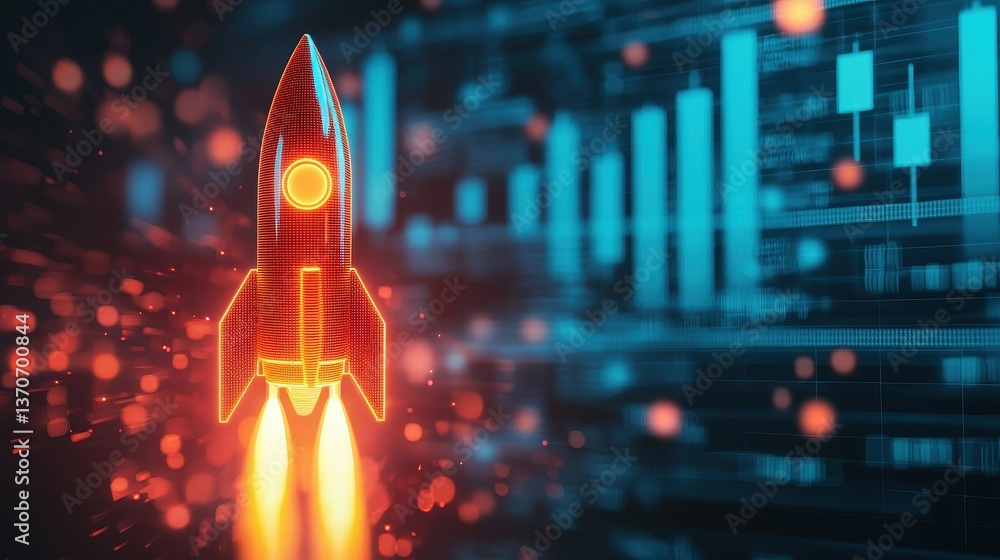 Poster a stylized rocket takes off amidst a backdrop of digital graphs and data, symbolizing innovation and