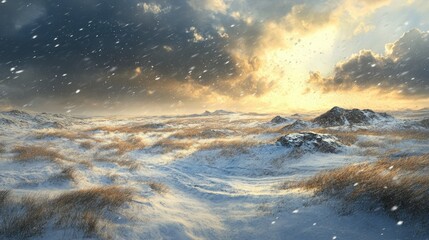A snowy landscape with clouds and gentle golden sunlight appearing