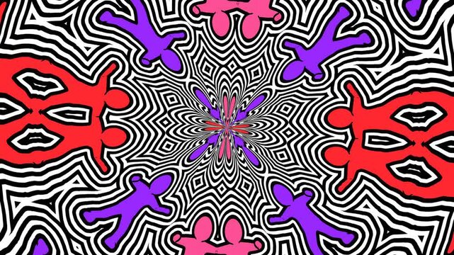 Seamless funny animation of minimal sketch characters dancing with wave effect. Geometric graphic spiral with a psychedelic look 