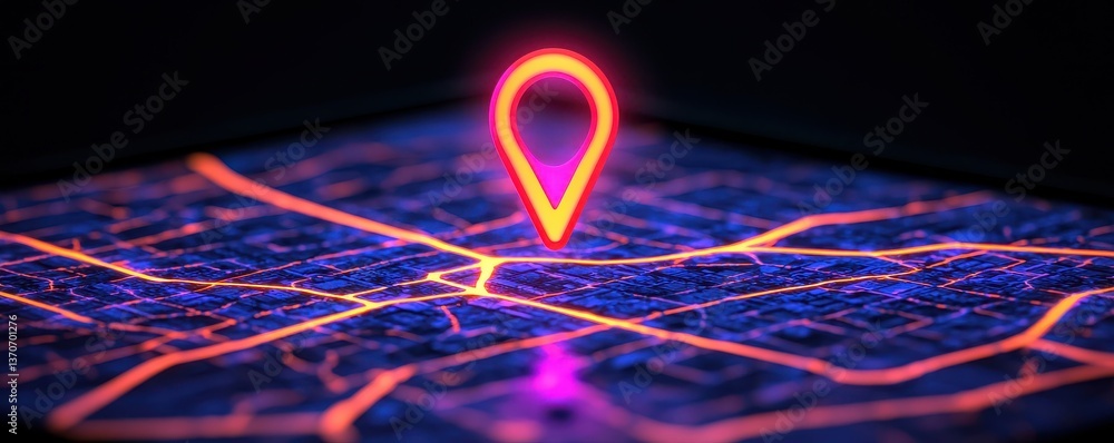 Poster a vibrant digital map with illuminated lines and a glowing location marker, symbolizing navigation a
