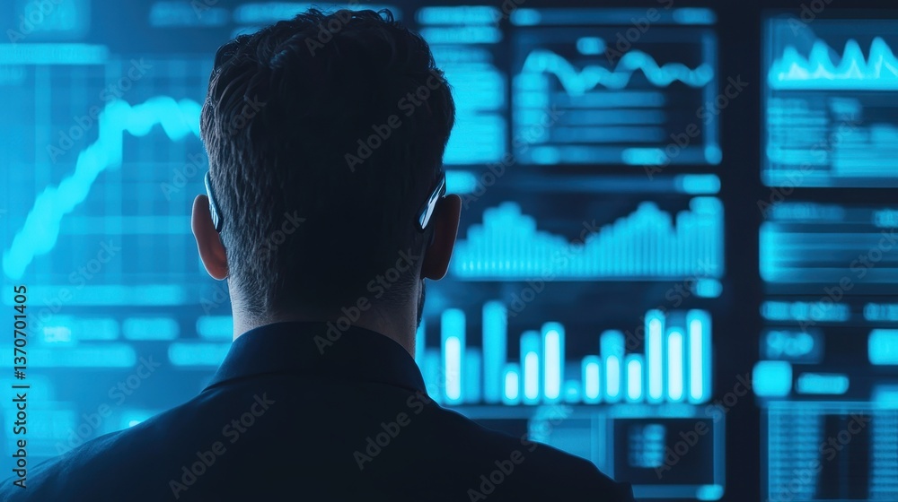 Aufkleber a person analyzes data on digital screens, showcasing graphs and charts in a high-tech environment.