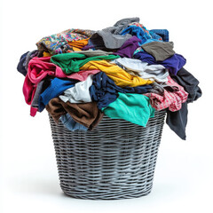 A wicker laundry basket overflowing with a variety of colorful clothes. The garments include shirts, sweaters, and other fabric items in shades of red, blue, yellow, purple, and more. 