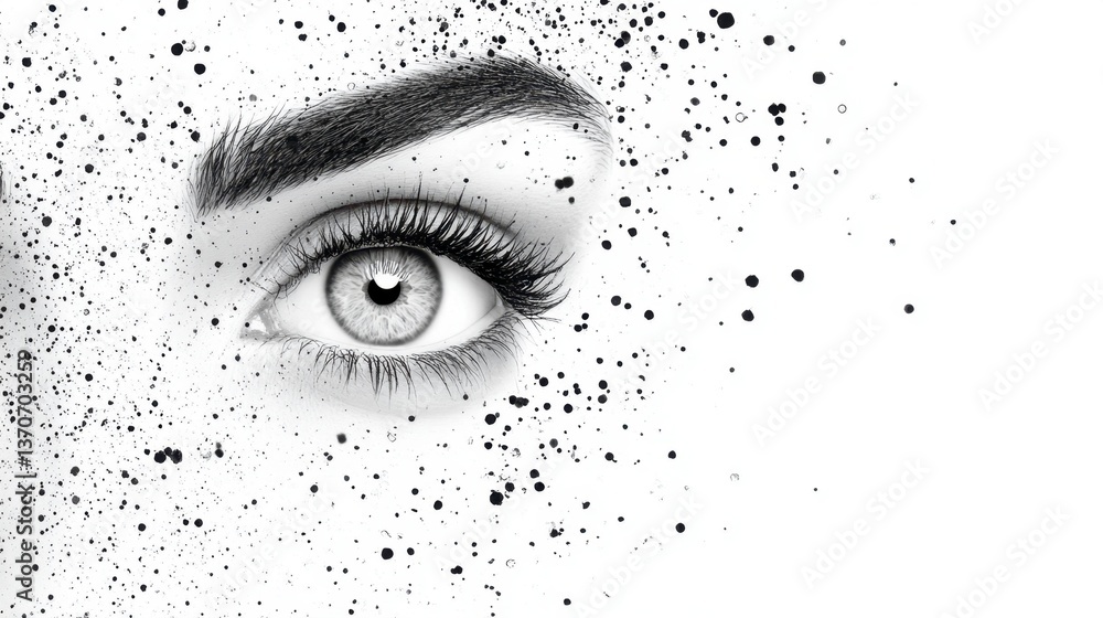 Poster close up grayscale image of a woman's eye, partially dissolving into pixels, creating a digital disi