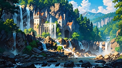 Castle in the forest with waterfall background