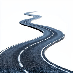 A winding asphalt road shaped like an "S," featuring bright white lane markings. The road appears elevated & isolated against a clean white background, creating a dynamic and minimalist visual effect
