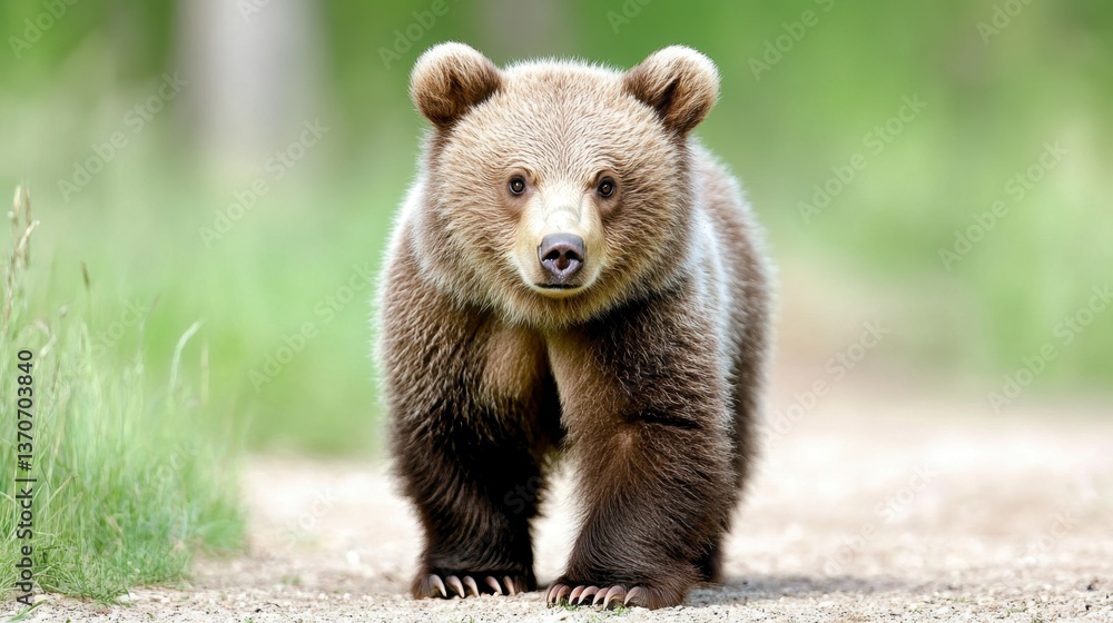 Poster brown bear cub walking on a path in a forest. soft lighting, shallow depth of field. the cub is look