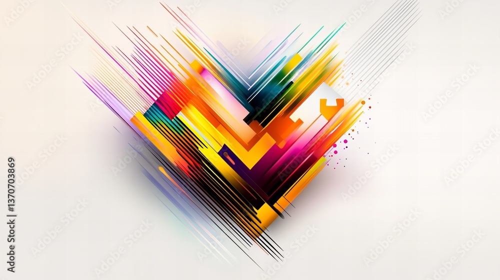 Poster geometric shapes form a heart shape with lines and splatters on a white background.