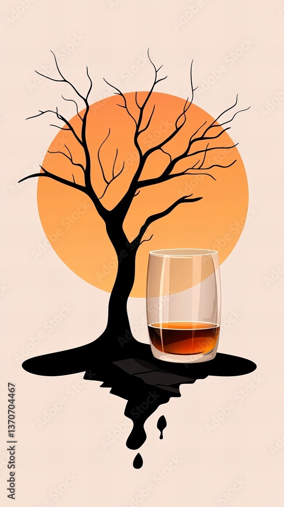 Poster glass filled with liquor is positioned near a bare tree against an orange circle, creating a stark v