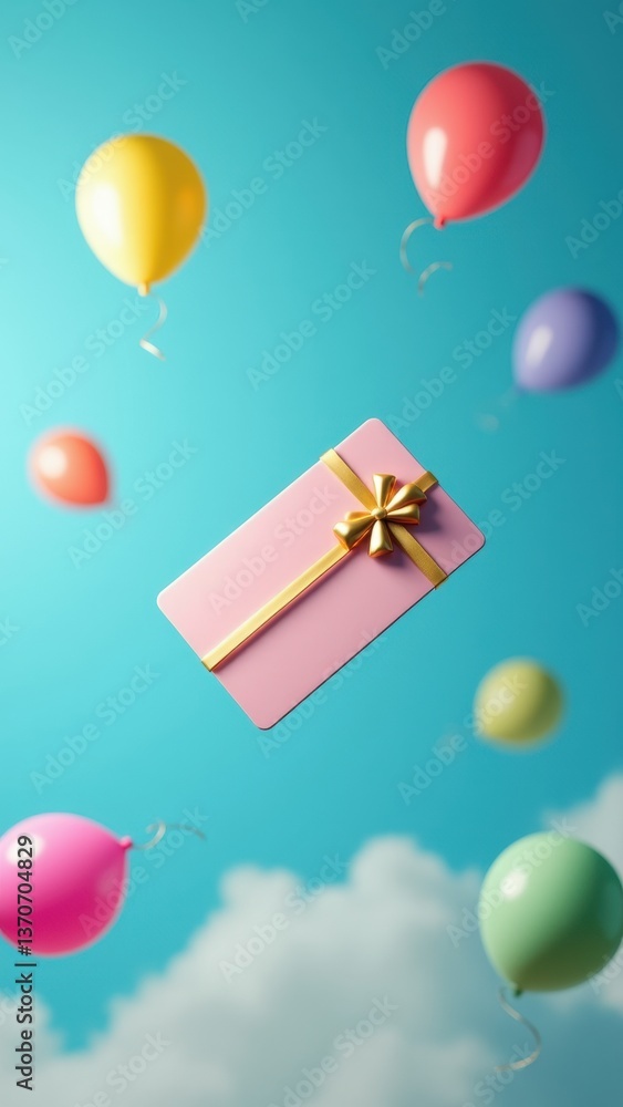 Poster pink gift box with a gold bow is floating in the air above a colorful array of balloons. concept of 