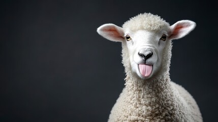 Fototapeta premium Playful white sheep with tongue out against a dark gray background. The sheep is the focus, occupying most of the frame. The image has a humorous and lighthearted tone.