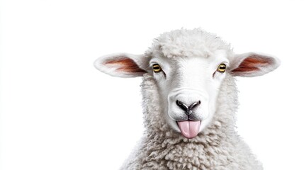 Fototapeta premium Close up of a white sheep with its tongue sticking out against a white background. The sheep's expression is playful and slightly mischievous.