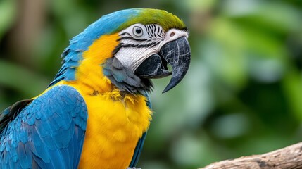 Fototapeta premium Close up view of a vibrant blue and yellow macaw parrot perched on a branch, set against a softly blurred green background. The bird's plumage is detailed, showing the texture and color variations.