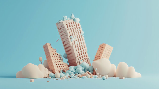A stylized 3D cityscape with collapsing skyscrapers and pastel debris erupting into the sky. A dramatic miniature disaster scene capturing chaos and destruction in a surreal urban world.
