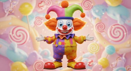 Naklejka premium Jolly Jester's Candyland Adventure - A cheerful 3D cartoon clown in a colorful jester hat, surrounded by vibrant candies and lollipops, symbolizing fun, joy, celebration, sweetness, and playfulness