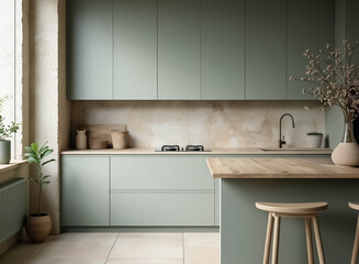 contemporary sage green kitchen with light wood island and calming minimalist