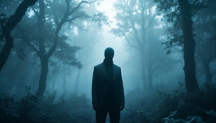 Fototapeta premium Figure Standing in Foggy Forest Enshrouded in Mystery and Intrigue