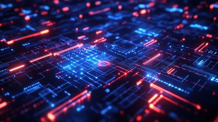 Obraz premium A detailed close-up of a circuit board with glowing blue lines and red lights, futuristic technology