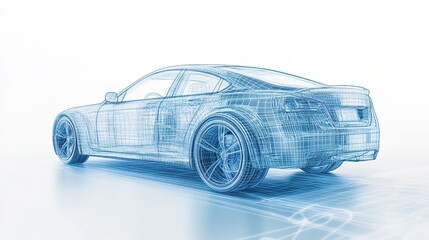 A detailed blue line drawing of a sports car on a white background, wireframe style, 3d rendering