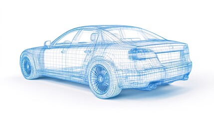 Fototapeta premium A detailed blue line drawing of a sports car on a white background, wireframe style, 3d rendering