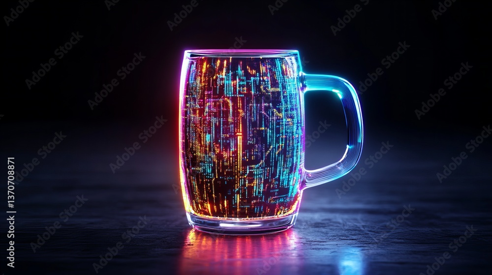 Poster glass mug displays digital lines and colorful patterns against a dark background with neon highlight
