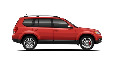 Naklejka premium A vector illustration of a modern red car SUV, side view, with black trim and silver alloy wheels. Isolated on white background. Perfect for automotive concepts and transportation themes.