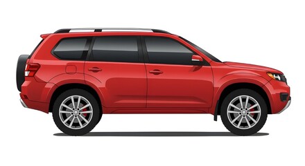 Fototapeta premium A vector illustration of a modern red car SUV, side view, with black trim and silver alloy wheels. Isolated on white background. Perfect for automotive concepts and transportation themes.