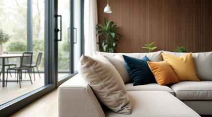 Fototapeta premium modern beige sectional sofa with decorative pillows