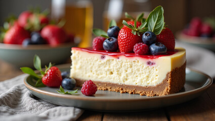Delicious cheesecake topped with berries on a rustic table  