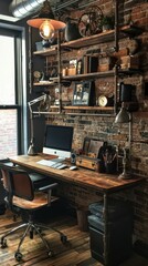 Creative Industrial Workspace with Pipe Shelves and Wooden Desk