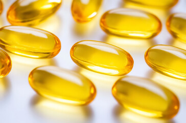 Golden soft gel capsules are scattered on white surface, reflecting light and suggesting health benefits