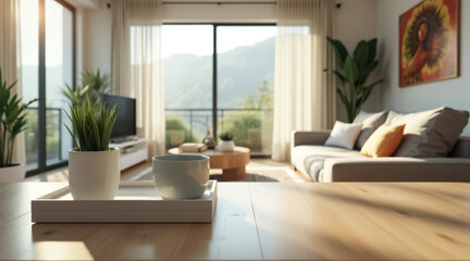 Fototapeta premium sunlit living room with a pale blue mug and potted plant on a wooden table